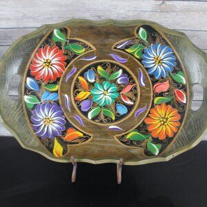 Tole Hand Painted Vibrant Folk Art Flowers Wood Tray with Handles Vintage Glazed